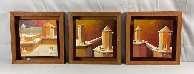 Horses On Buildings, signed Saracual 2002, set of 3