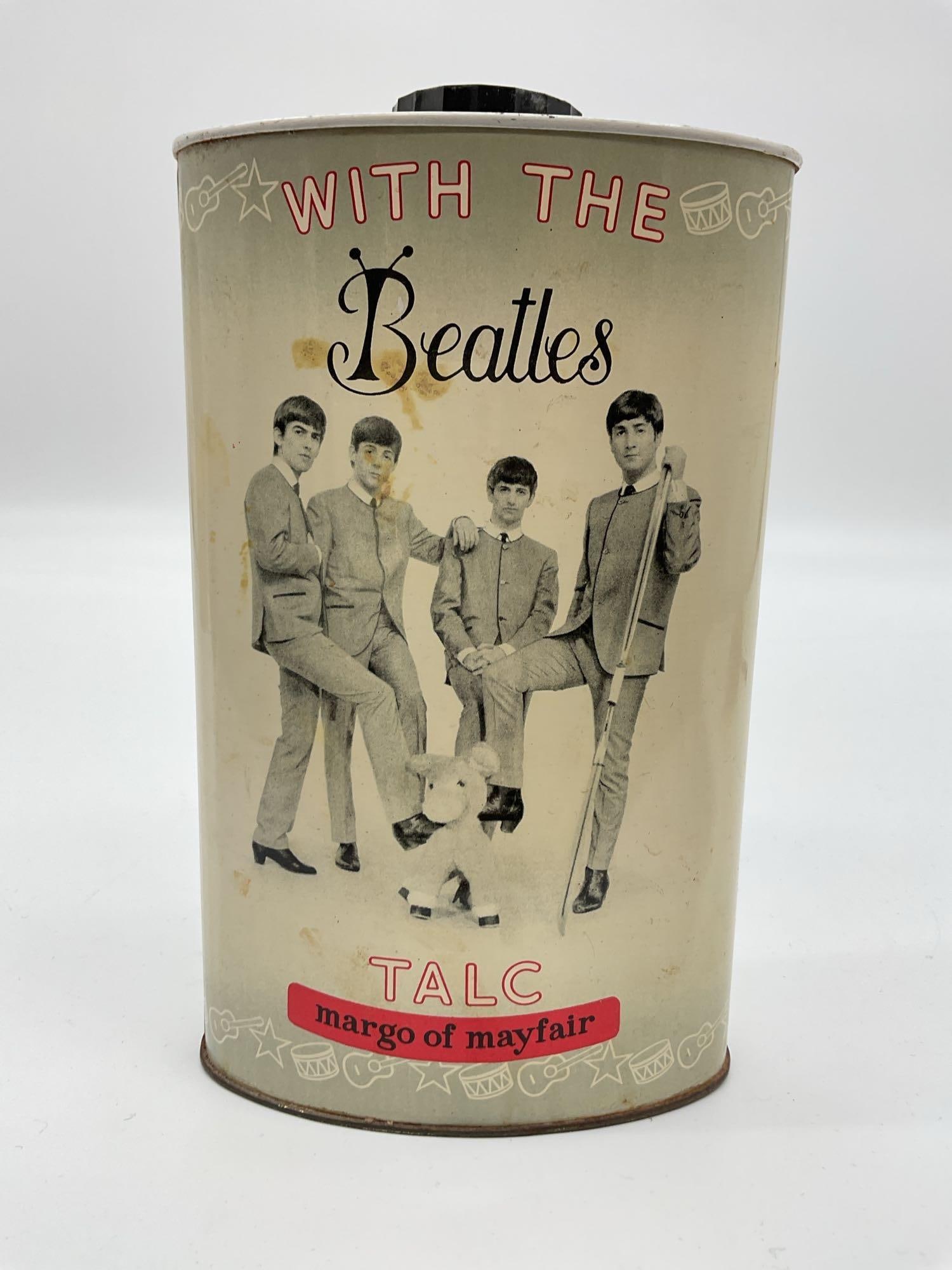 Title Vintage "With The Beatles" Talc Tin by Margo of Mayfair - 1960's: Original 1960s "With The Beatles" collectible talcum powder tin featuring images of John Lennon, Paul McCartney, George Harrison, and Ringo Starr. Produced by Margo of Mayfair in Great Britain