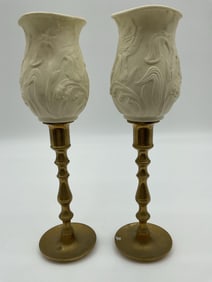 Pair of Vintage Brass and Embossed Plastic Candle Holders