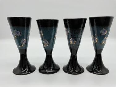 Handmade Mid-Century Modern Pottery Goblets with Tray, Signed