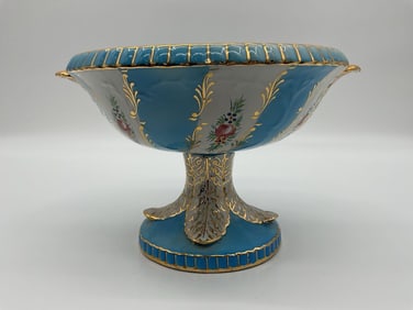 Antique Hand-Painted Porcelain Compote with Floral and Gold Decoration
