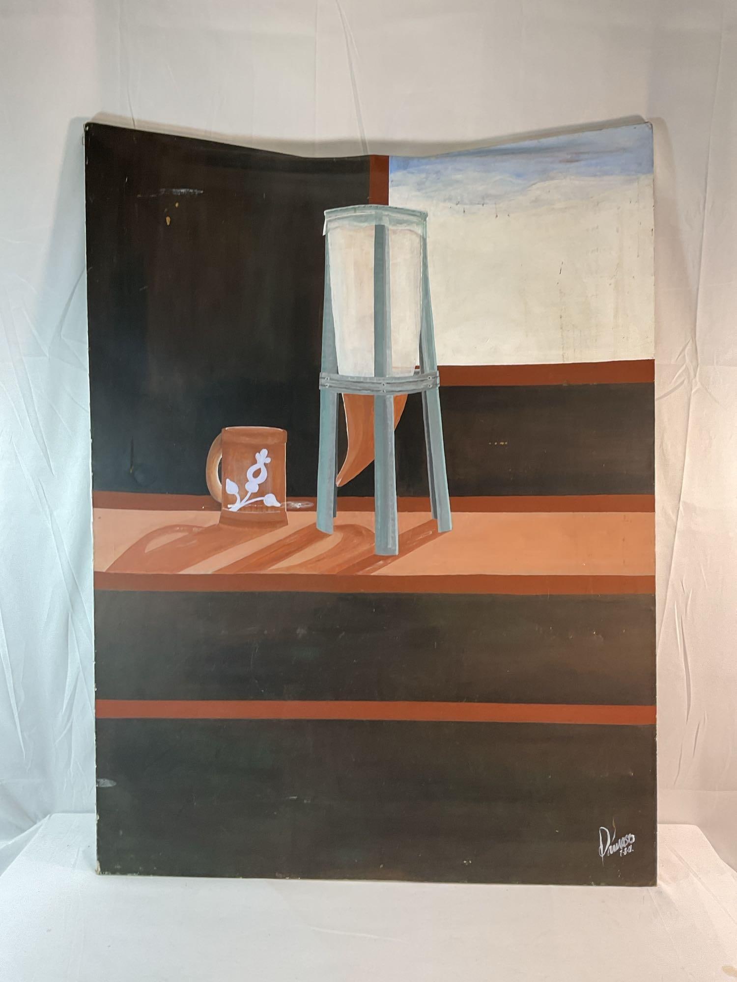 Coffee maker Oil on Canvas: Still life coffee maker painting, signed by unknown artist lower left and dated 7/8/01 Medium: oil on canvas Dimensions: H:48in L:36in