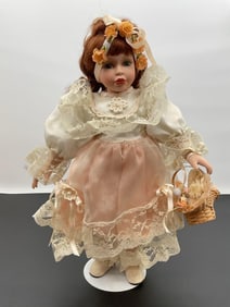 Porcelain Doll in Peach and Ivory Lace with Basket