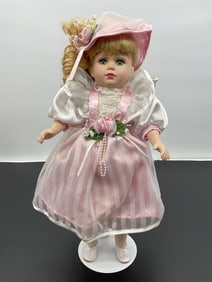 Porcelain Doll in Pink Striped Dress with Bonnet