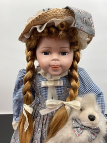 Porcelain Doll in Blue Gingham and Floral Dress with Bonnet