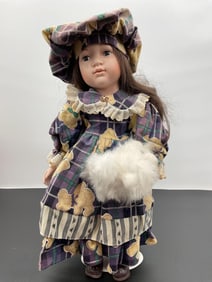 Porcelain Doll in Plaid Teddy Bear Outfit with Glasses