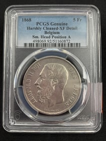 PCGS 1868 Belgian 5 Franks Silver Coin