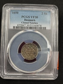 PCGS 1650 Denmark 2 Skilling Silver Coin