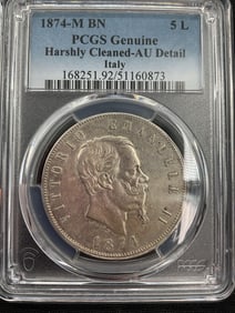 PCGS 1874 5 Lira Italian Silver Coin