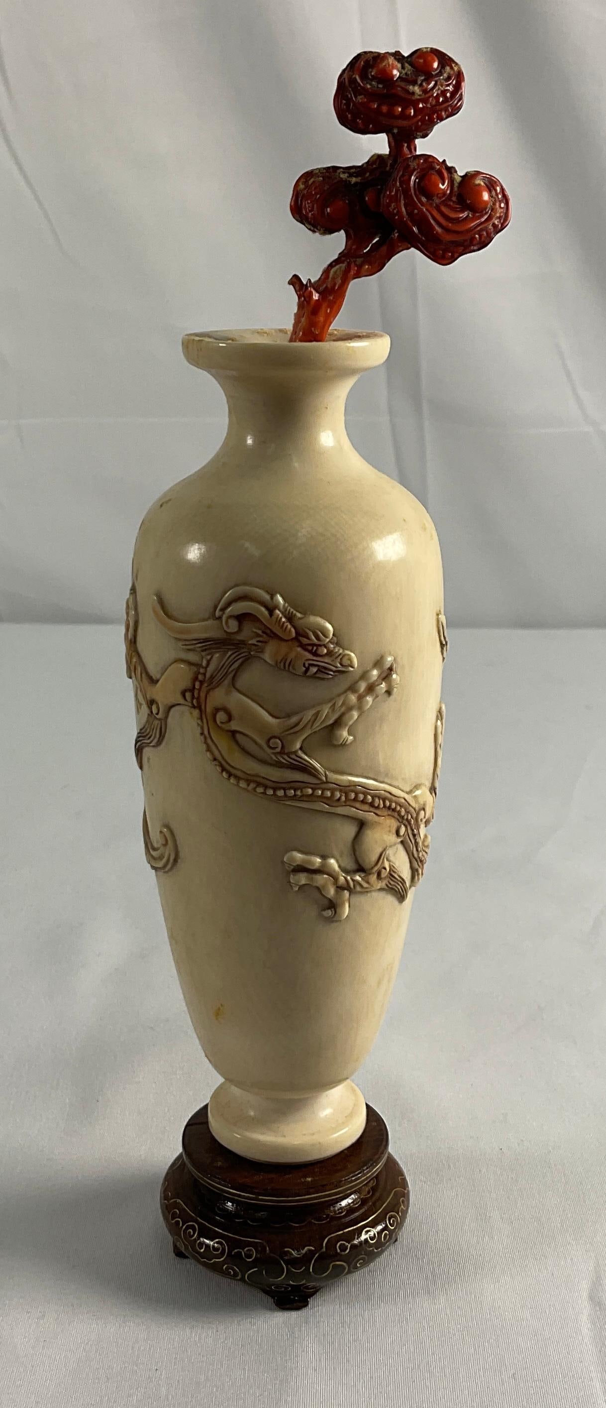 Carved Asian-style dragon vase with stand and coral branch (1 of 3)