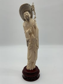 Asian Fisherman Figure with Basket and Staff