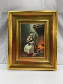 Antique-Style Oil Painting on Board – Mother and Child by the Fireplace