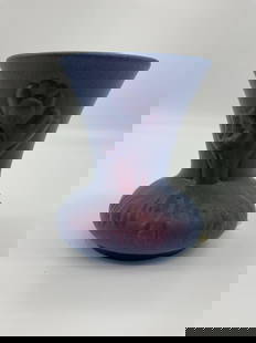 Van Briggle Mulberry Glazed Floral Bud Vase - Columbine: Small Van Briggle vase with an elegant flared rim and raised floral motif near the base. Finished in the signature mulberry glaze that blends shades of violet, blue, and rose. Signed on the underside