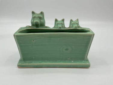 Vintage Ceramic Planter with Three Puppies in a Log