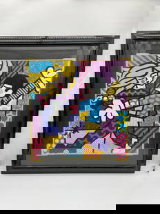 "Love at first sight" by Romero Britto (Brazil, b.1963) Lithograph: A vibrant and playful pop art composition by Romero Britto, depicting a stylized couple mid-dance. Rendered in his signature use of bold lines, bright colors, and graphic patterns, this piece radiates
