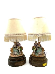 Pair of Romantic Porcelain Figural Lamps with Fringe Shades