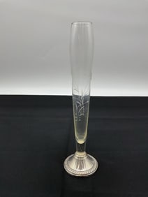 Vintage Duchin Creation Etched Glass Bud Vase with Sterling Silver Base