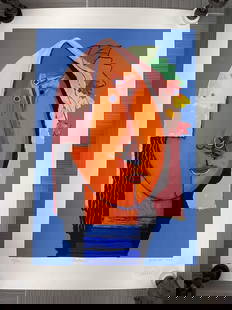 Abstract Portrait by Alberto Ulloa (Dominican Republic, 1950-2011) Serigraph: Description: Striking abstract portrait by Dominican artist Alberto Ulloa, dated 1990. The composition features a stylized face with elongated and geometric forms, vivid orange and red tones, and a co