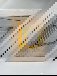 "Yellow Store Front" By Christo and Jean Claude (Bulgaria, 1935-2020) Lithograph: Mixed media architectural study labeled Venus Store Front, featuring detailed perspective rendering of a commercial glass-fronted corner space with yellow framing. Includes hand-drawn dimensions and a