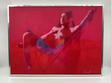 "Reclining Nude in Red" by Lawrence Vincent Garrison(American, 1923-2007) Oil on Canvas
