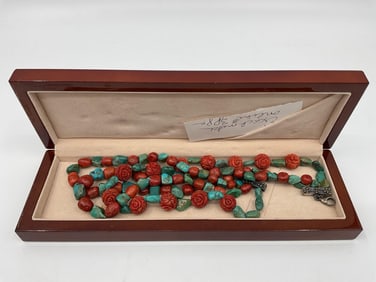 Hand-Carved Coral and Turquoise Bead Necklace