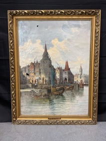 European Port Town by A. Hübner (German, 1832-1914)