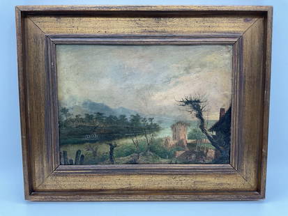 Antique European Landscape with Castle Ruins: Description: Atmospheric landscape painting depicting a serene countryside with distant hills, winding river, and a small village featuring a crumbling stone tower. Executed in muted earth tones with