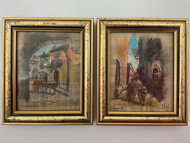 Pair of Sicilian Street Scenes on Papyrus by F. Gelfi