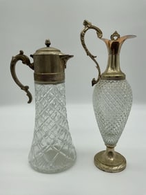 Vintage Pair of Antique Pressed Glass and Brass Ewers