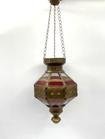 Vintage Moroccan Brass and Red Glass Hanging Lantern
