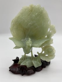 Carved Green Jade Peacock Sculpture on Wooden Stand
