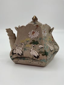 Japanese Satsuma Style Hexagonal Teapot with Cranes and Chrysanthemums