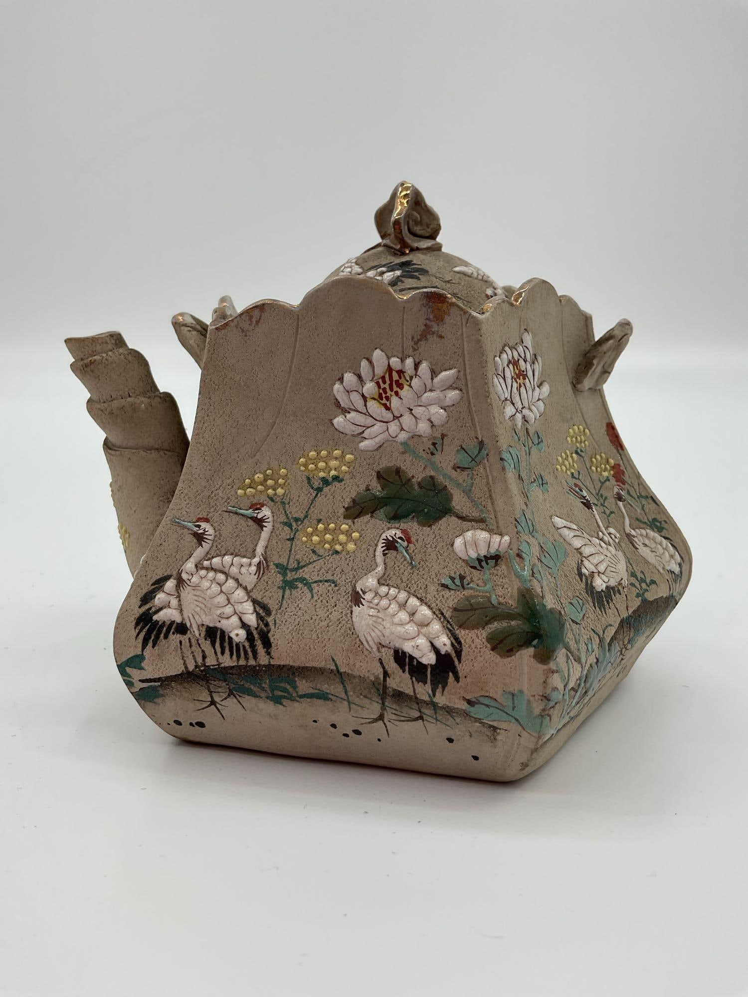 Japanese Satsuma Style Hexagonal Teapot with Cranes and Chrysanthemums (1 of 4)