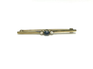 Vintage 14Kt. Gold Bar Brooch with Sapphire Cabochon and Pearls