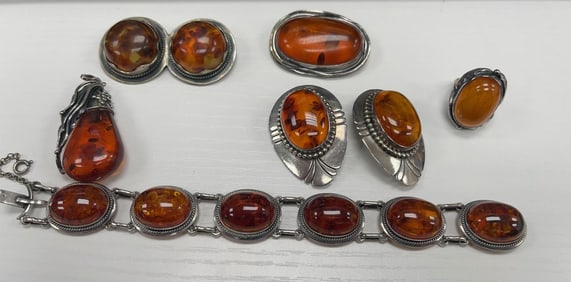 Collection of Vintage Baltic Amber and Sterling Silver Jewelry