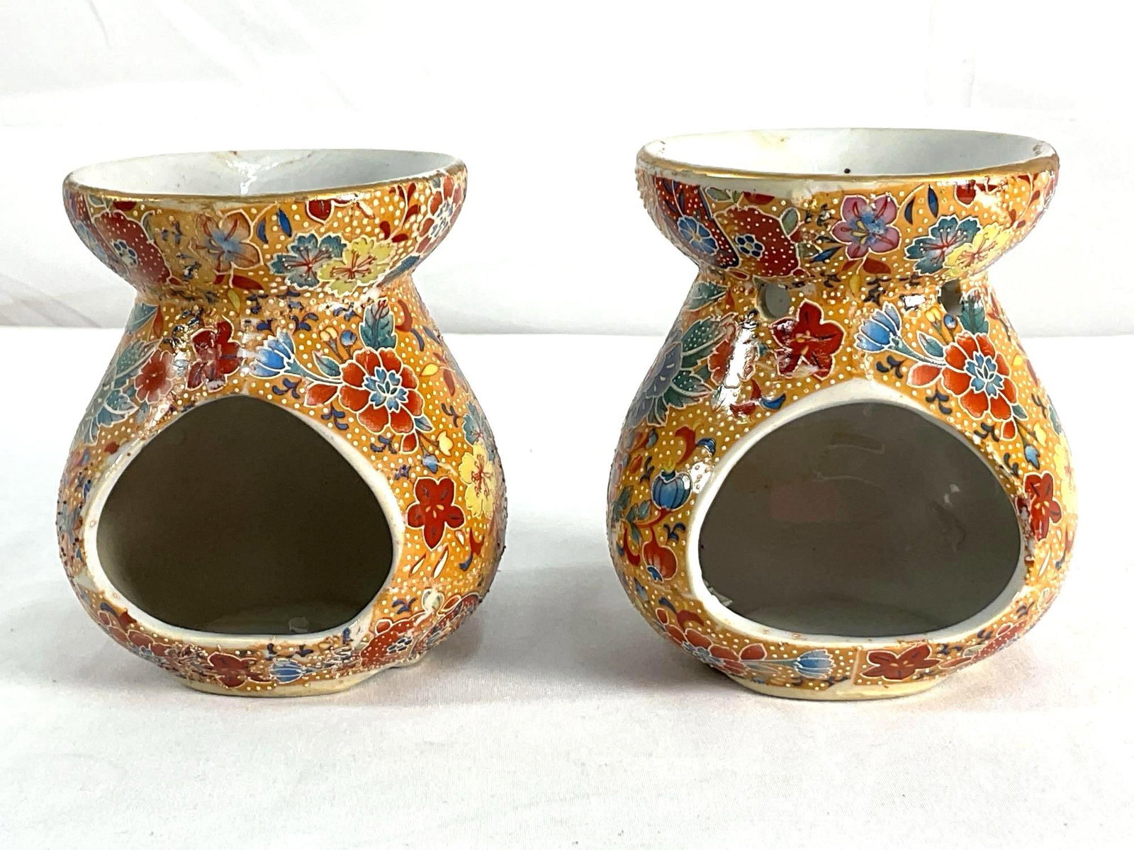 Japanese Satsuma Oil Burners: Pair of Japanese Satsuma ware oil burners, H4in L3in W3in approx