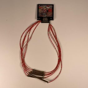 Sawa Sawa Multi Strand Red Beaded Necklace with Brass Accents