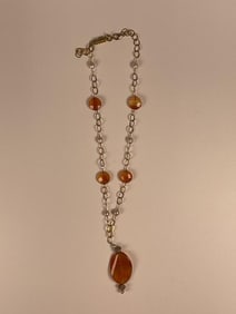 Gold Toned Chain Necklace with Orange and Pearl Accents