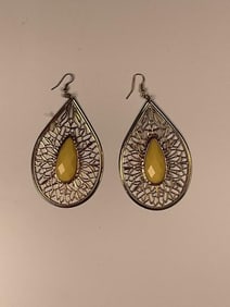 Filigree Teardrop Earrings with Yellow Gemstone Accents