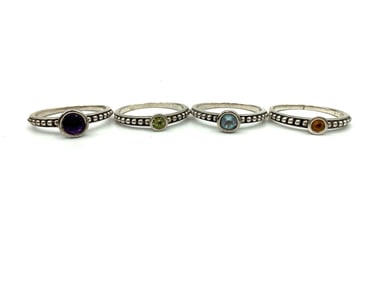 Set of Four Sterling Silver Gemstone Stackable Rings