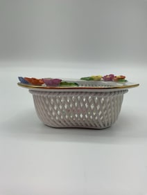Herend Hungary Hand-Painted Reticulated Porcelain Basket with Floral Decoration