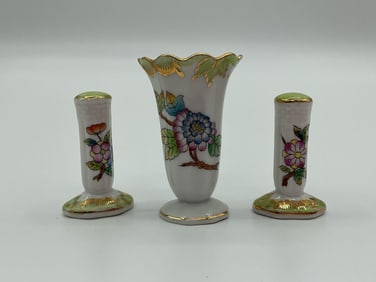 Herend Hungary Hand-Painted Miniature Porcelain Vase and Bud Vases Trio