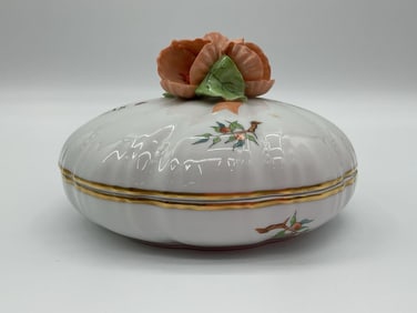 Herend Hungary Hand-Painted Porcelain Covered Dish with Floral Finial