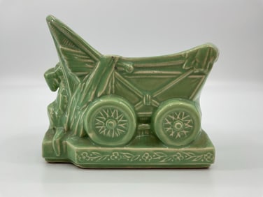 Vintage Green Ceramic Baby Carriage Planter