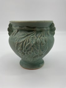 Vintage Royal Haegar Matte Green Vase with Relief Berries and Leaves