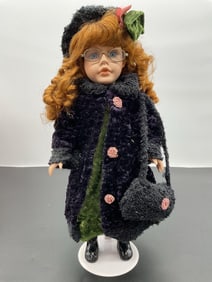 Porcelain Doll in Black Velvet Coat with Glasses