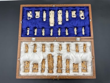 Hand-Carved Asian-Themed Chess Set in Wooden Case