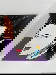 In the style of Patrick Nagel Oil on Canvas Painting: Bold and striking portrait of a woman with flowing black hair, geometric earrings, and vivid red lips. The artwork features a strong color block background with purple and peach tones, and sharp linea