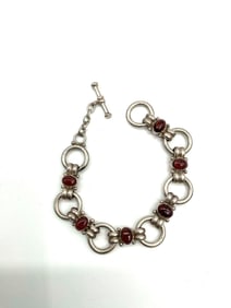 Silver-Tone Link Bracelet with Red Cabochon Stones