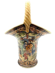 Handled Satsuma Style Porcelain Basket with Chinese Court Scene